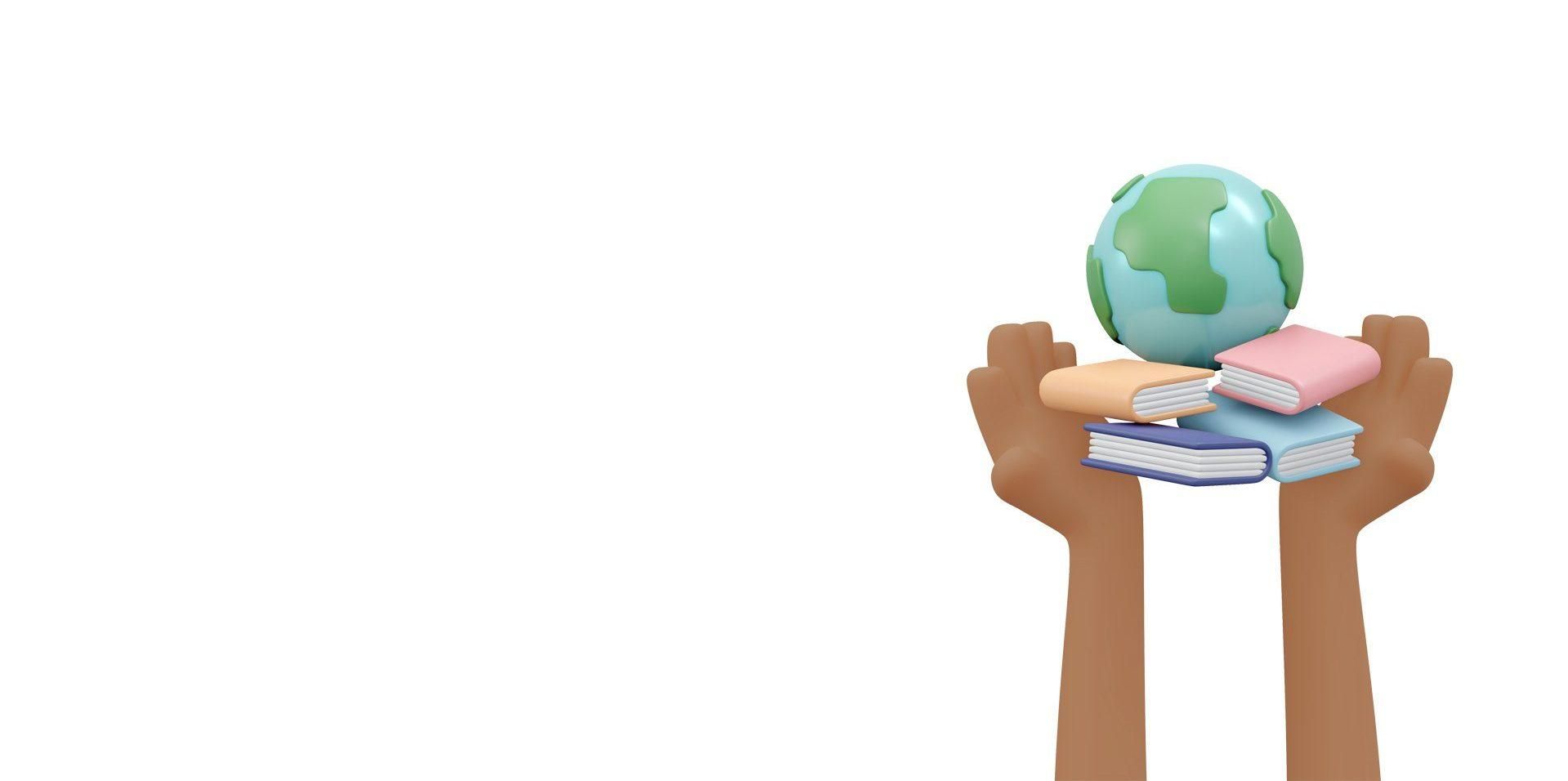 Two brown-skinned arms extend from bottom of image, holding a stack of colorful textbooks and a globe. It is a computer illustration that looks like modeled clay.