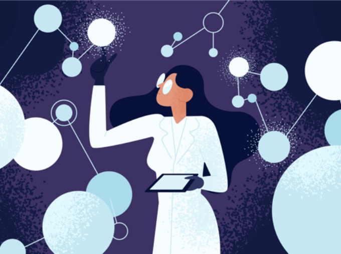 illustration of a researcher in lab coat surrounded by atoms or molecules