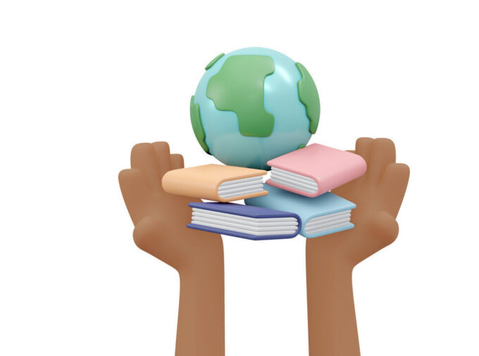 White background with illustrated arms coming from bottom of image, hands supporting books and a globe.