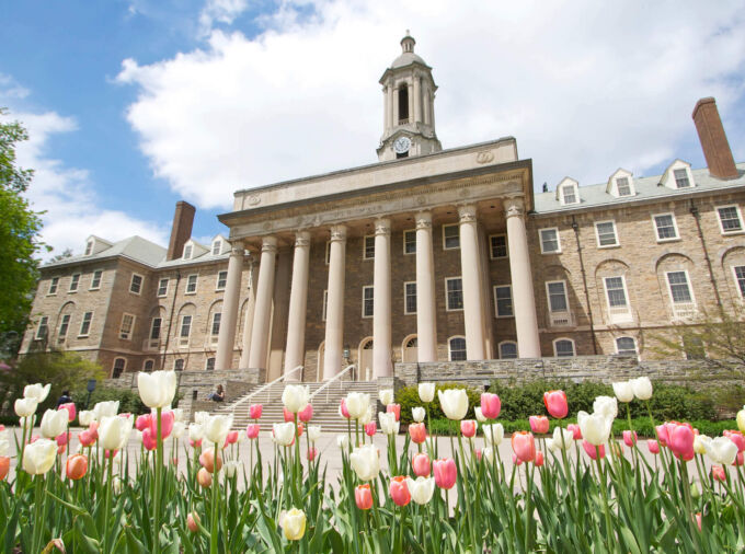 Old Main and tulips